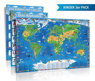 Kinder 3er Pack - XXL/1,35 Meter Panorama Kinder Weltkarte + 2 Poster